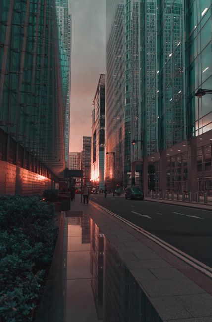 A narrow urban street flanked by tall, modern glass office buildings on both sides, reflecting the warm, orange glow of a setting sun. The pavement is clean, with a designated lane for vehicles and a sidewalk for pedestrians. In the foreground, there is a small patch of landscaped greenery with bushes on the left side. A few people are walking along the sidewalk, and a black car is parked on the right side of the street. The scene captures the peaceful ambiance of a city nearing dusk, with the sunlight creating a striking contrast against the sleek, reflective surfaces of the buildings. The environment suggests a busy financial district or business area, where services such as rubbish removal by companies like Rubbish Removal Canary Wharf may be needed for maintaining cleanliness amid ongoing urban activity, particularly in preparation for the evening or after working hours. The overall atmosphere is professional, calm, and orderly, with efficient urban waste management supporting the cleanliness of this commercial zone.